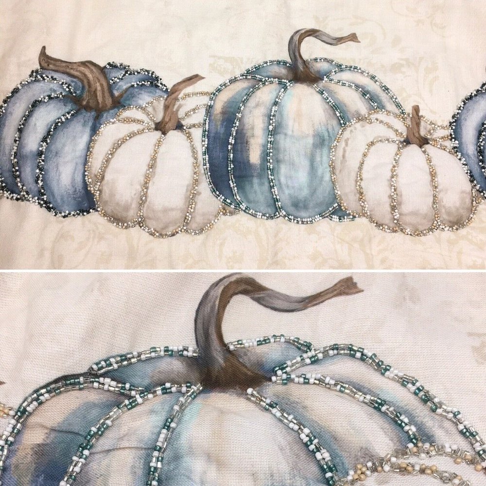Nicole Miller Beaded Pumpkin Table Runner Blue Cream Thanksgiving Decor 14x72
